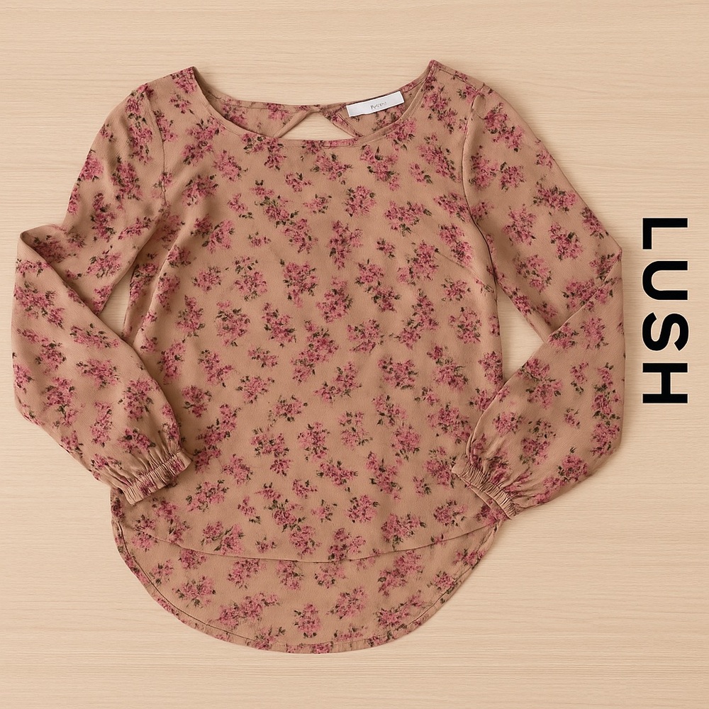 Lush Floral Blouse Women’s Small Long Sleeve Boho Top Beige Pink Spring Shirt